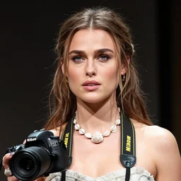 a photograph of Keira Knightley with seashell necklace from the stage production of The Tempest taken with Nikon D3500, 4K UHD, high detail, photo realistic