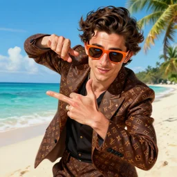Timothee Chalamet, the most beautiful androgynous man in the world, intense painting, sunny day at beach, tropical island, +++ super supper supper dynamic pose,  digital art, +++ +++ quality j.c. leyendecker, limited edition, shiny, veiny hands, thick eyebrows, masculine appeal high fashion, wearing orange sunglasses, crystal blue eyes, louis vuitton suit, smirking
