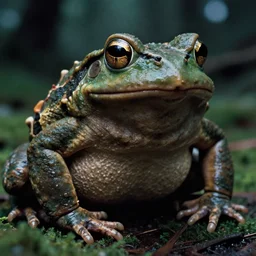 macro medium shot, rugged anthropomorphic muscular oversized frog barbarian in deep forest, kodachrome film still