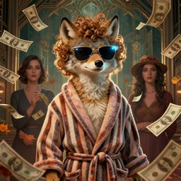 portrait, anthropomorphic coyote, striped bathrobe, curly hair, electric sunglasses, surrounded by floating autumn dollar bills, fantasy, detailed, intricate, luminescent, elegant, coherent, by mandy jurgens, hannah yata and kay sage, donato giancola, detailed, artstation, cinematic lighting, artdeco, art deco outrun aesthetic