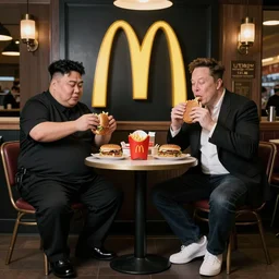 thick obese kim jong un and elon musk eating mcdonalds hamburgers at a nightly cafe in the middle of paris, ultra realistic photograph, award winning, masterpiece, anatomically correct, full body