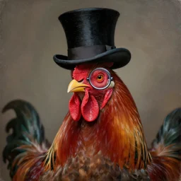 portrait of a rooster, with top hat!!! and monocle!!!, painted by satan