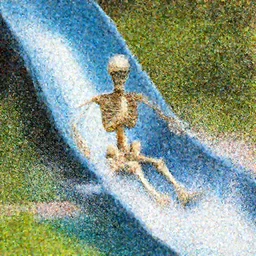 skeleton going down a water slide
