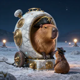 beautiful digital fantasy illustration of a Birth Machine, Capybara pirate, keeping vigil over the salt flats, lights in the night, highly detailed, soft lighting, rendered in octane, masterpiece, very very very aesthetic, exquisite marble details!