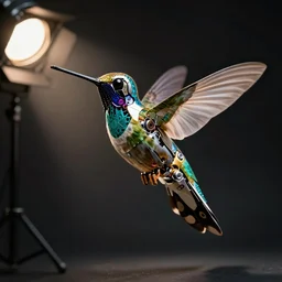 realistic!!!! cybernetic!!!!!!!!!!!! hummingbird, studio lighting, dark background, exposed mechanics