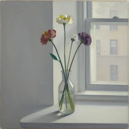 a painting of a few flowers in a vase in the shade, next to a window in new york, minimalism, by ben aronson