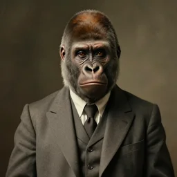 portrait painting of a young gorilla of 3 0, british, wearing a plain suit, short hair, journalist, looking gaunt, handsome, confident, full unreal render cinematic lighting art 1 9 2 0 period drama by bussiere rutkowski andreas rocha