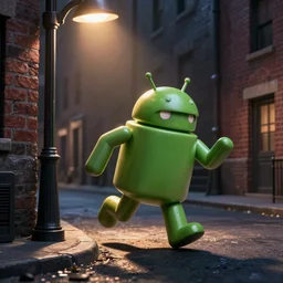 a cartoon of a paranoid android on the run, around the corner ,down the alley of a big city with brick buildings and street lights. robot, crime noir, octane render, cinematic, dramatic