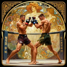 full shot photo of UFC fighter, in the ring, cinematic, round about to start, intricate, elegant, highly detailed, digital painting, artstation, concept art, smooth, sharp, focus, illustration, art by artgerm and greg rutkowski and alphonse mucha