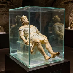 a completely transparent glass cube in which the european king's body has been perfectly preserved and very lifelike. he is dressed in all casual regal garments. his body is beautifully preserved without blemish or damage and the display is magnficent. the display is in the darkness of the catacombs and is beautifully lit, he has natural color and is posed in a relaxed way.