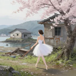 ballerina walking around dilapidated ikeshima island, nagasaki, japan. volumetric lighting, dew, spring morning, slight overcast weather, realistic illustration, perfectly shaded, soft painting, art by krenz cushart and wenjun lin