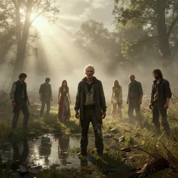 rural wisconsin after zombie apocalypse, mist, sunrays, dust in the air, dnd character, unreal engine, octane render, dramatic lighting, pond, digital art, by stanley artgerm lau, greg rutkowski, thomas kindkade, alphonse mucha, loish, norman rockwell,