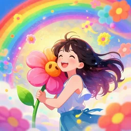 a happy girl flower in the rainbow with flowers flying in a psicodelical dream, japanese anime