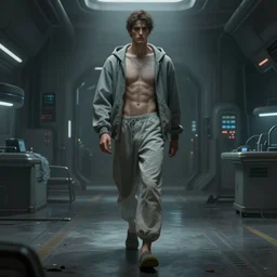 concept art by greg rutkowski, a very tall and slender young man, dressed in patient clothes and an open sweatshirt, wandering through a desolate futuristic hospital, dimly lit, frightening, scifi, highly detailed portrait, digital painting, artstation, concept art, smooth, sharp foccus ilustration, artstation hq