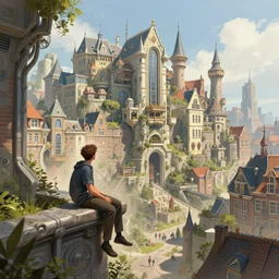 a young man sitting on the edge of a beautiful sci fi walled city inspired by amsterdam and victorian england, sunny weather, digital painting, concept art, trending on artstation, matte painting, highly detailed, intricate, art by greg rutkowski and artgerm and craig mullins, octane render, 8 k, unreal engine