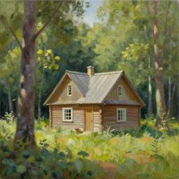 painting of a cottage on the woods