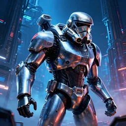 a macro closeup film still photo of the chrome storm trooper terminator cylon warror in a massive mass effect halo robot factory at night,blue haze, volume metric lighting, retracing, unreal, concept art cyperpunk video game poster design with intricate details :: action, gears of war, smoke, post apocalyptic, deathstar, Battlestar Galactica, neon lighting, lens flare, rich vibrant colors, High contrast, blizzard concept artist, acrion, Ralph McQuarrie, Roger Deakins, syd mead