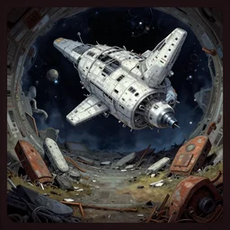 inside the wreckage of a crashed spacecraft, from a space themed point and click 2 d graphic adventure game, art inspired by thomas kinkade