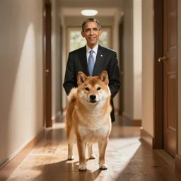 a shiba dog as obama in the hallway.
