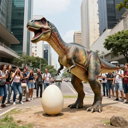 a dinosaur taking care of an egg in the middle of paulista avenue, people around scared while watching the event artwork by Sergey Kolesov