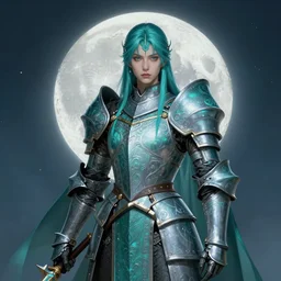 Portrait of a Fantasy turquoise knight, moonlit, HD, illustration, epic, D&D, fantasy, intricate, elegant, highly detailed, digital painting, artstation, concept art, smooth, sharp focus, illustration, art by artgerm and greg rutkowski and alphonse mucha, monster hunter illustrations art book