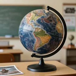 the planet coruscant!!!!! from Star Wars as a classroom globe, on a desk, photograph