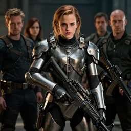 emma watson wearing metal gear armor holding rifle dramatic lighting art by Yoji Shinkawa by Richard Schmid  by greg rutkowski by Sandra Chevrier by Jeremy Lipking cinematic dramatic