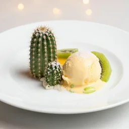 a fine dining dessert plate of spiky cactus and ice cream, sugar sprinkled, kiwi, food photography, michelin star, fine dining, bokeh