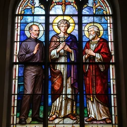 stained glass window with images of steve jobs, bill gates, and linus torvalds depicted as saints, photo realistic, light rays, volumetric lighting.