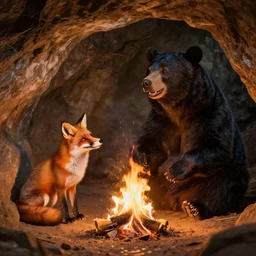 red fox and large black bear sitting in a cave, laughing at the funny fire, painting