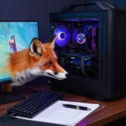 fox doing taxes on an epic gaming computer