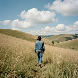 A landscape of hills and tall grass on a sunny day with puffy clouds with a man with medium length black hair, Jean jacket and jeans walking into the distance, vintage collage, 1970s