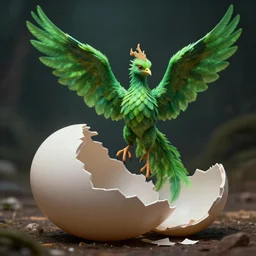 little green poisonous phoenix climbs out of a broken big egg, peter mohrbacher style, ray tracing, cinematic, digital art, realistic,
