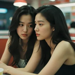 movie interior closeup beautiful Asian couple closeup sitting at 50s diner, night in the city, beautiful skin, by Emmanuel Lubezki