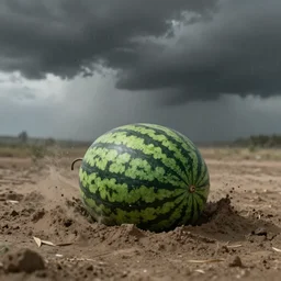 a watermelon in a pit in the eye of the storm, windy, digital painting, concept art, desaturated, gloomy
