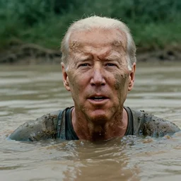 film still, close up, joe biden rising out of muddy vietnam river, face covered in mud, low camera angle at water level, film still from apocalypse now ( 1 9 7 9 ), 2 6 mm,
