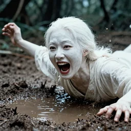 1 9 7 0 s movie still close - up of a clean white japanese female ghost screaming going out of mud puddle, big teeth, long arms swamp backround, cinestill 8 0 0 t 3 5 mm eastmancolor, heavy grain, high quality, noir, natural textures, photorealistic, ambient occlusion, hd, ultra wide lens, anamorphic, fade color