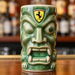 a closeup photorealistic photograph of a ferarri themed tiki mug placed at a trader vic's bar featuring the face of young enzo ferrari. tiki theme. bright scene. fine detail. this 4 k hd image is trending on artstation, featured on behance, well - rendered, extra crisp, features intricate detail, epic composition and the style of unreal engine.