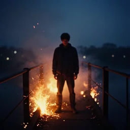 lomo photo of a man standing on a burning bridge, cinestill, bokeh, out of focus, embers, dramatic lighting, night, dark, detailed, grainy, fog
