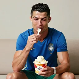 a promo portrait of cristiano ronaldo crying sitting in a sofa, eating a bucket of ice cream,