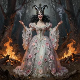 full body shot, malevolent witch facing front laughing maniacally, smoke hair, ornate crow helmet, floral dress, dead forest on fire, fantasy, intricate, photorealistic, elegant, stylish, highly detailed, smooth, sharp focus, oil painting by vermeer, pastel colors
