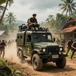 a militarized police vehicle riding through an orwellian kerala village, troops searching the area, furious action scene, an epic fantasy, dramatic lighting, cinematic, establishing shot, extremely high detail, photorealistic, cinematic lighting, artstation, octane render, by simon stalenhag, horizon forbidden west