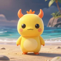 final render made with blender of a cute yellow and orange kawaii demon with slow eyes and little fangs standing on a beach, by pixar and studio ghibli