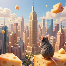 city with skyscrapers made out of cheese, with a mouse looking towards the city mind-blowing details, highly detailed, cinematic, smooth, sharp focus, trending on DeviantArt, hyper detailed, full of color, digital art, Vibrant colors