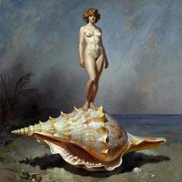 painting of a beautiful woman standing at the top of a giant seashell by frank frazetta, atmospheric, concept art