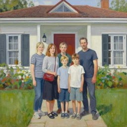 painting of a famaly photo in front of the house, fine details, magali villeneuve, artgerm, rutkowski