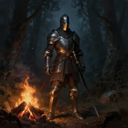 a digital painting of a knight, hyper realistic, night time, dark forest, dark souls bonfire, in the style of greg rutkowski