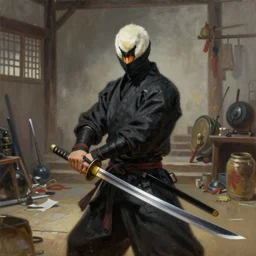 masterpiece oil painting, a swan ninja that is holding a katana, as a dnd character, inside a cluttered dojo, epic, extremely detailed, digital illustration, concept art, readability, smooth, sharp focus, art by brothers hildebrandt