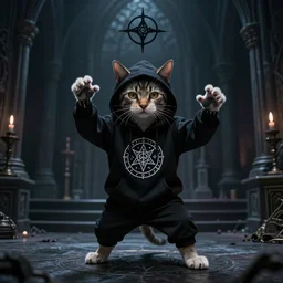 the cyborg cat dressed in hoodie with occult symbols performing strange black magick ritual in a dark gothic temple of antichrist high quality hdr photo art by giger, beksinsky, wayne barlove, greg rutkovski
