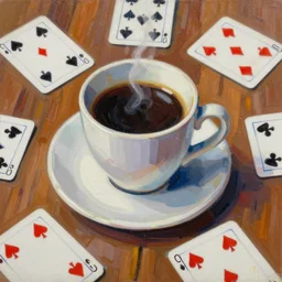 a close up of a cup of coffee on a wooden table surrounded by playing cards. oil painting. brush strokes, hard edges. bold shapes, street art, greg rutkowski, gaston bussiere